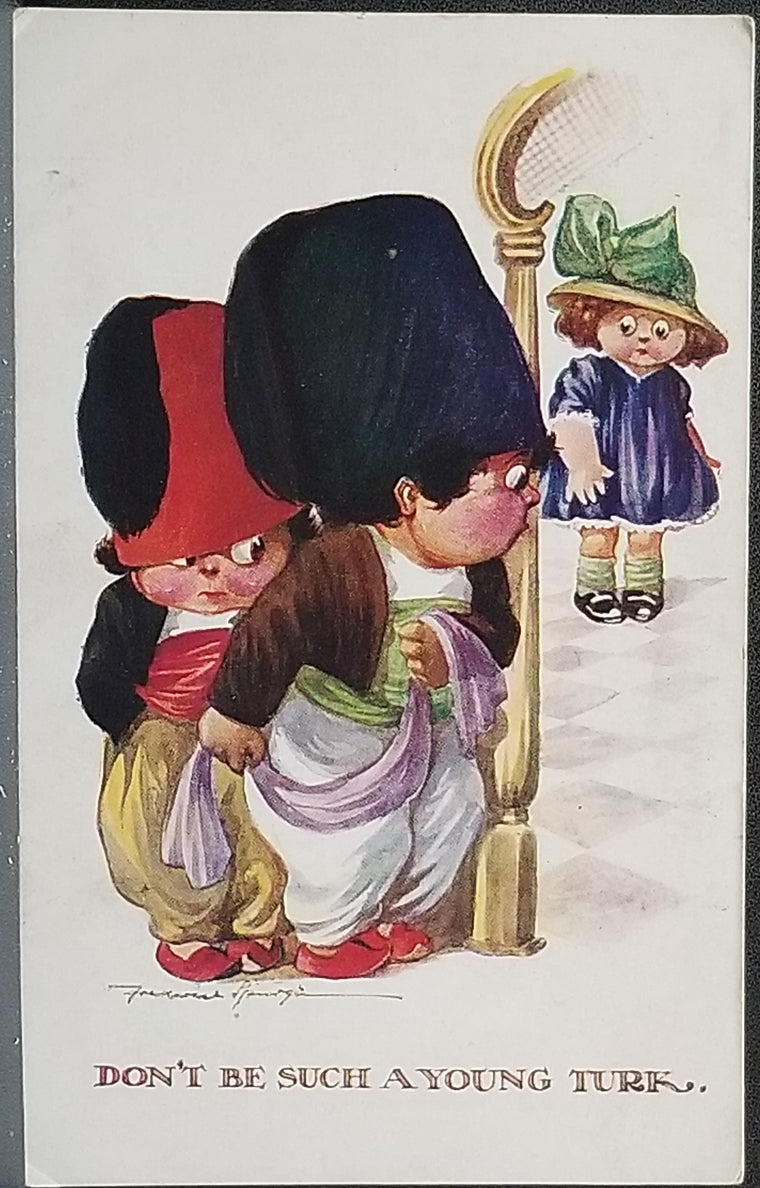 Comical Postcard Artist Fred Spurgin Boys Dressed as Turkish Guard Hiding From Approaching Girl