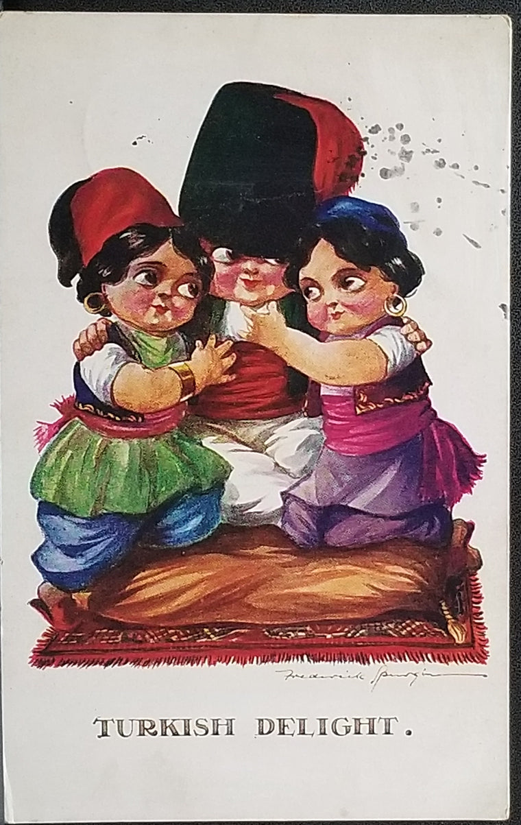 Comical Postcard Artist Fred Spurgin Boy Dressed as Turkish Guard Hugging Two Girls
