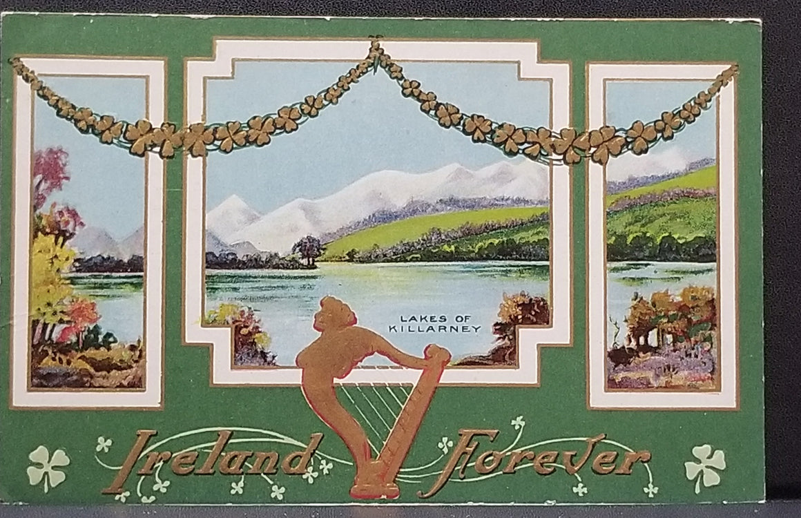 Saint Patrick's Day Postcard Gold Embossed Image Lakes of Killarney Ireland Forever