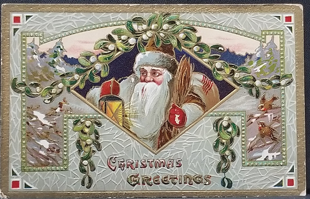 Christmas Postcard Santa Claus in Brown Robe St Nick Holding Lantern Art Deco Style Border Series 0634