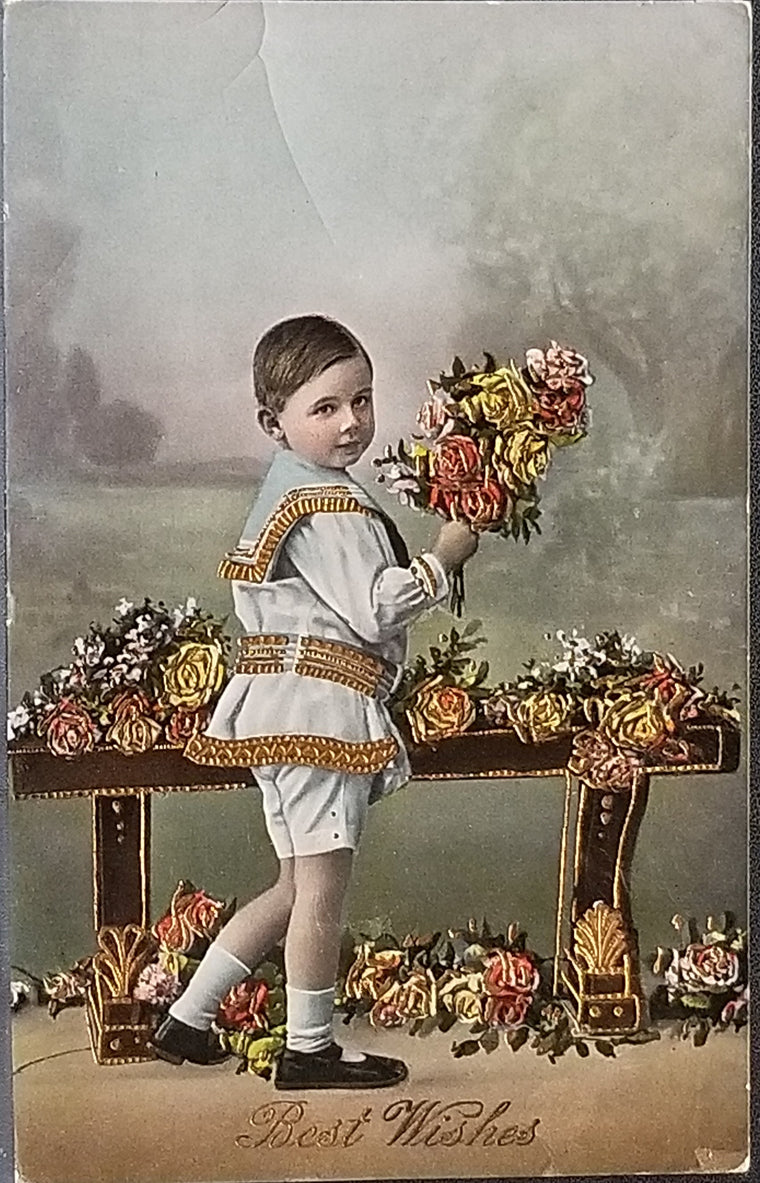 Vintage Postcard Best Wishes Child with Flowers Gel Finish Gold Embossed RPPC Real Photo Style