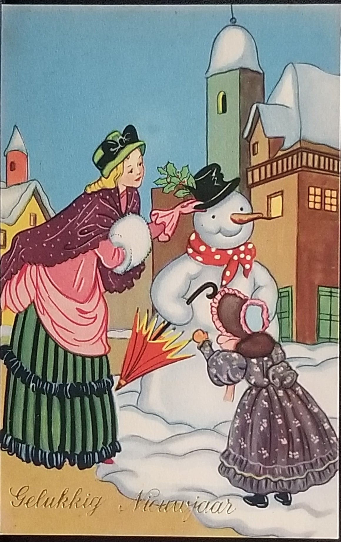 New Year's Postcard Child and Mother with Snowman Printed in Italy