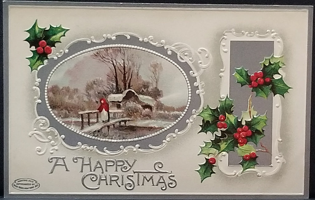 Happy Christmas Postcard Silver Embossed Holly and Child in Red Cape Walking Bridge Landscape Very Pretty Series 88