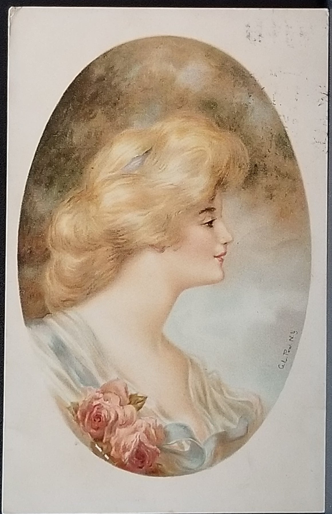 Artist Postcard G L Pew NY Series 2221 Portrait of Beautiful Blonde Haired Woman with Roses Side View