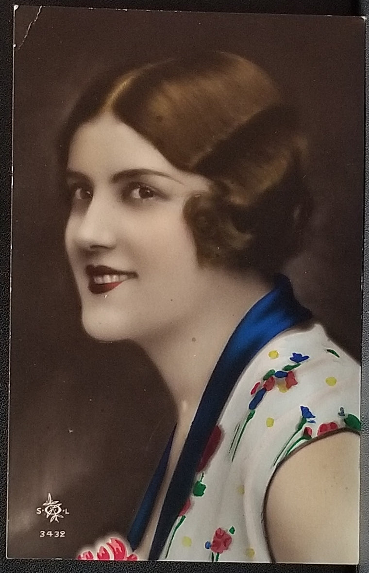 Hand Tinted Real Photo Postcard of Beautiful Woman Art Deco Period