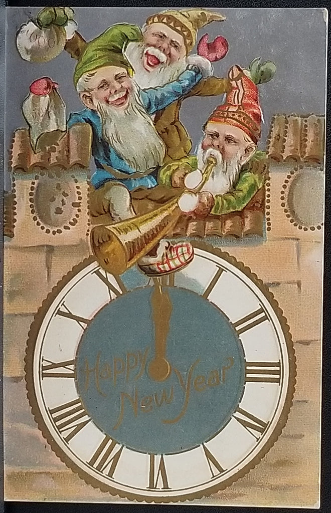 Elves Gnomes Dwarves Celebrating New Year Holiday Above Giant Clock Silver Background Postcard