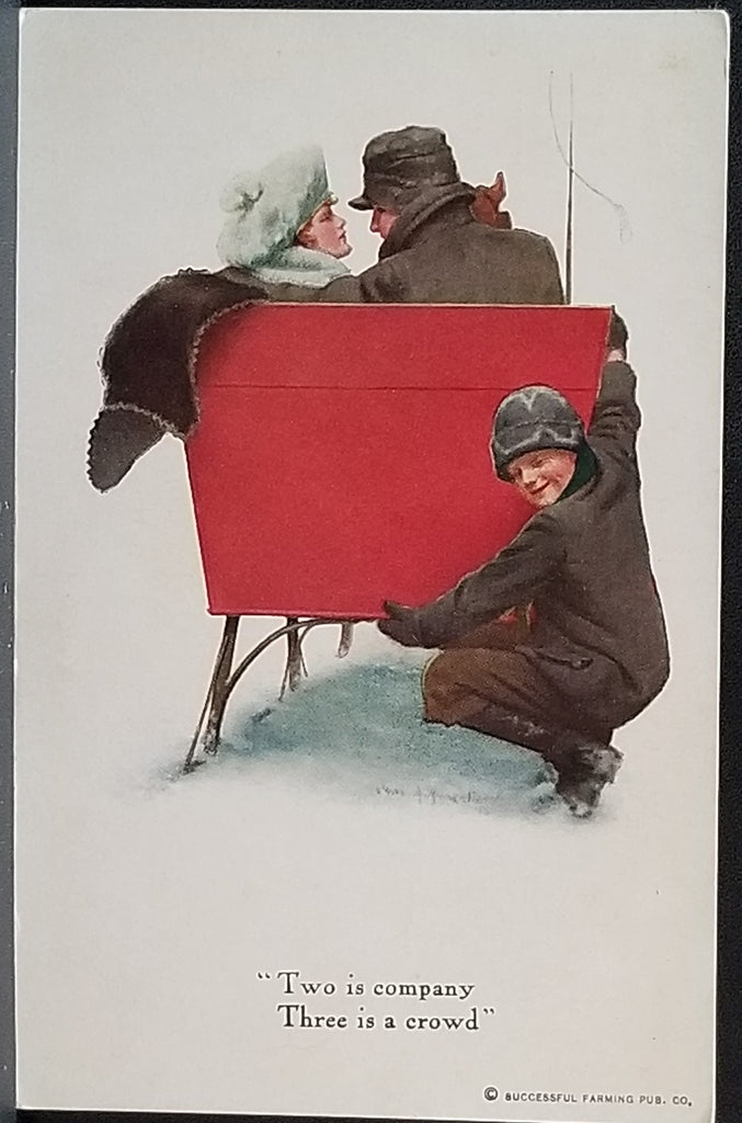 Artist Signed Postcard Couple in Red Sleigh with Child Hiding Behind Successful Farming Magazine