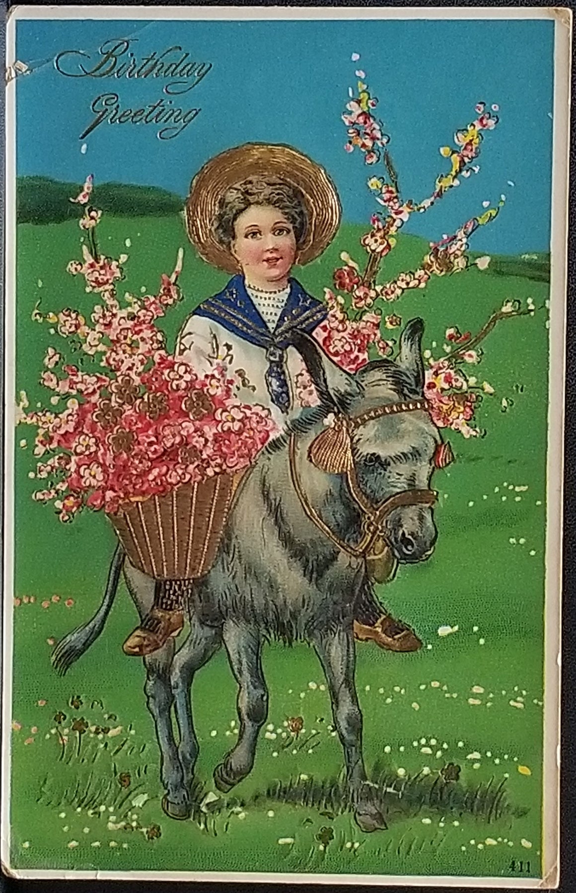 Vintage Postcard Happy Birthday Boy on Donkey Covered in Flowers Gold Embellished Gel Finish