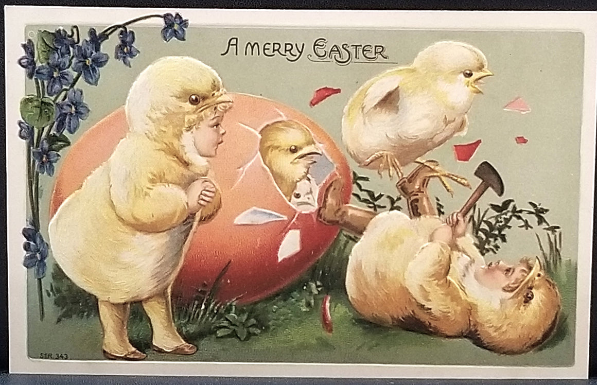 Easter Postcard Fantasy Card Children in Baby Chick Costumes Pink Egg Series 343