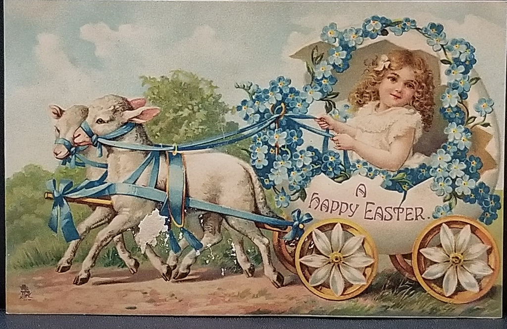 Easter Postcard Little Lambs Pulling Egg Cart with Little Girl Tuck Publishing Attributed to Frances Brundage