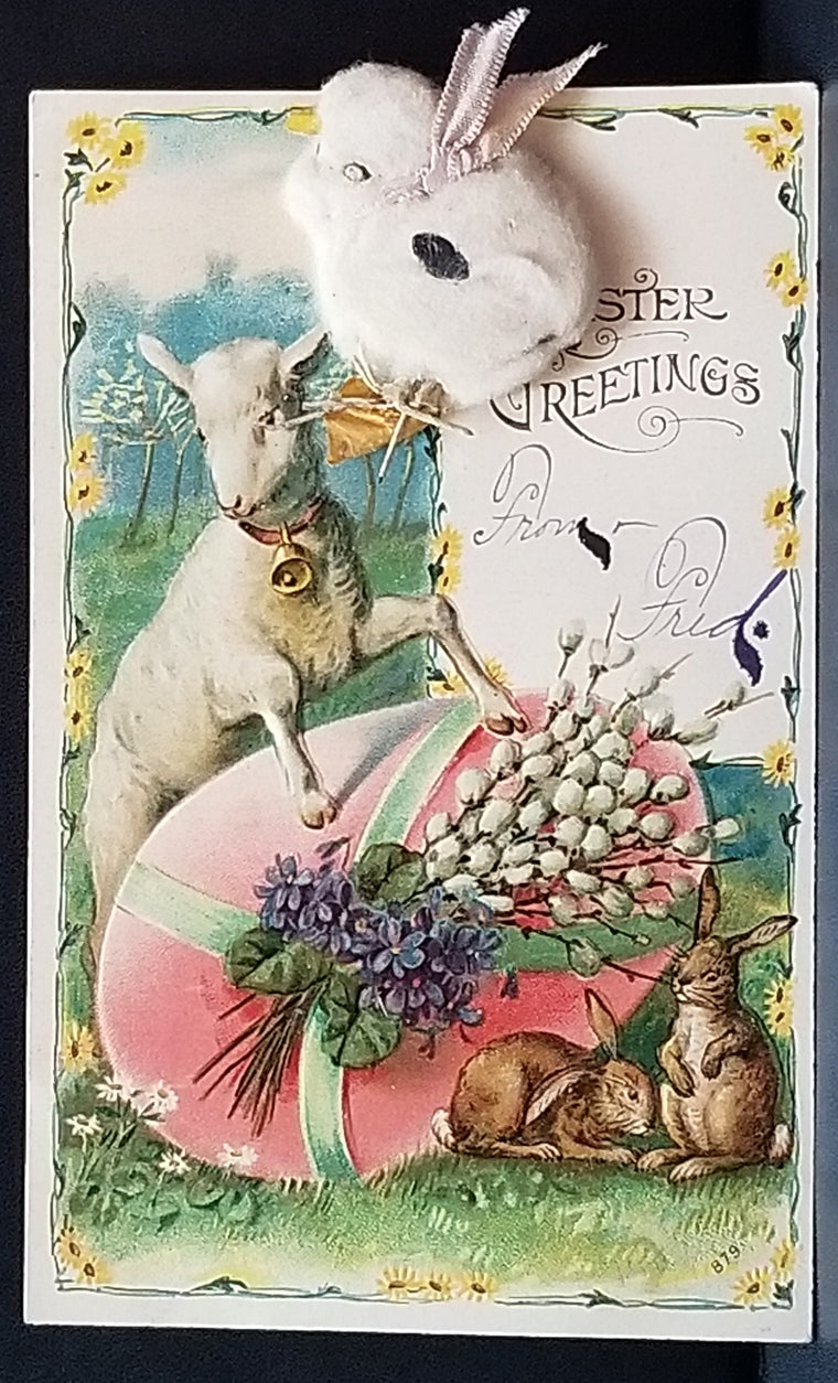Easter Postcard Baby Lamb with Giant Pink Egg Bunnies & Flower Applied Cotton Rabbit with Ribbon