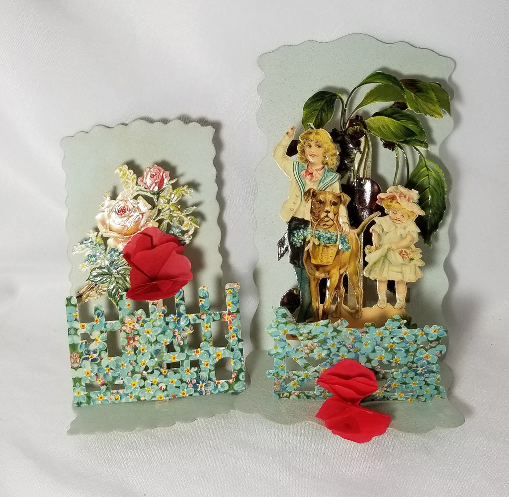 Vintage Antique German Die Cut Embossed Valentine Cards Set of Two Fold Down Honeycomb Puff Children Flowers with Dog