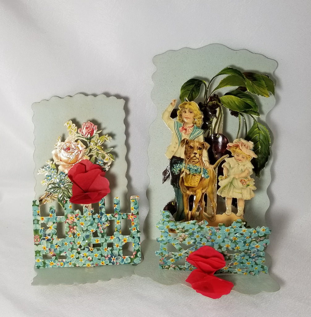 Vintage Antique German Die Cut Embossed Valentine Cards Set of Two Fold Down Honeycomb Puff Children Flowers with Dog