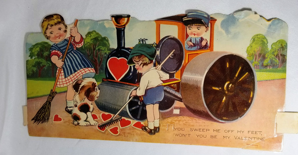 Large Rare Mechanical Vintage Antique Valentine Card Embossed Children Sweeping Hearts with Dog Child Driving Steam Roller