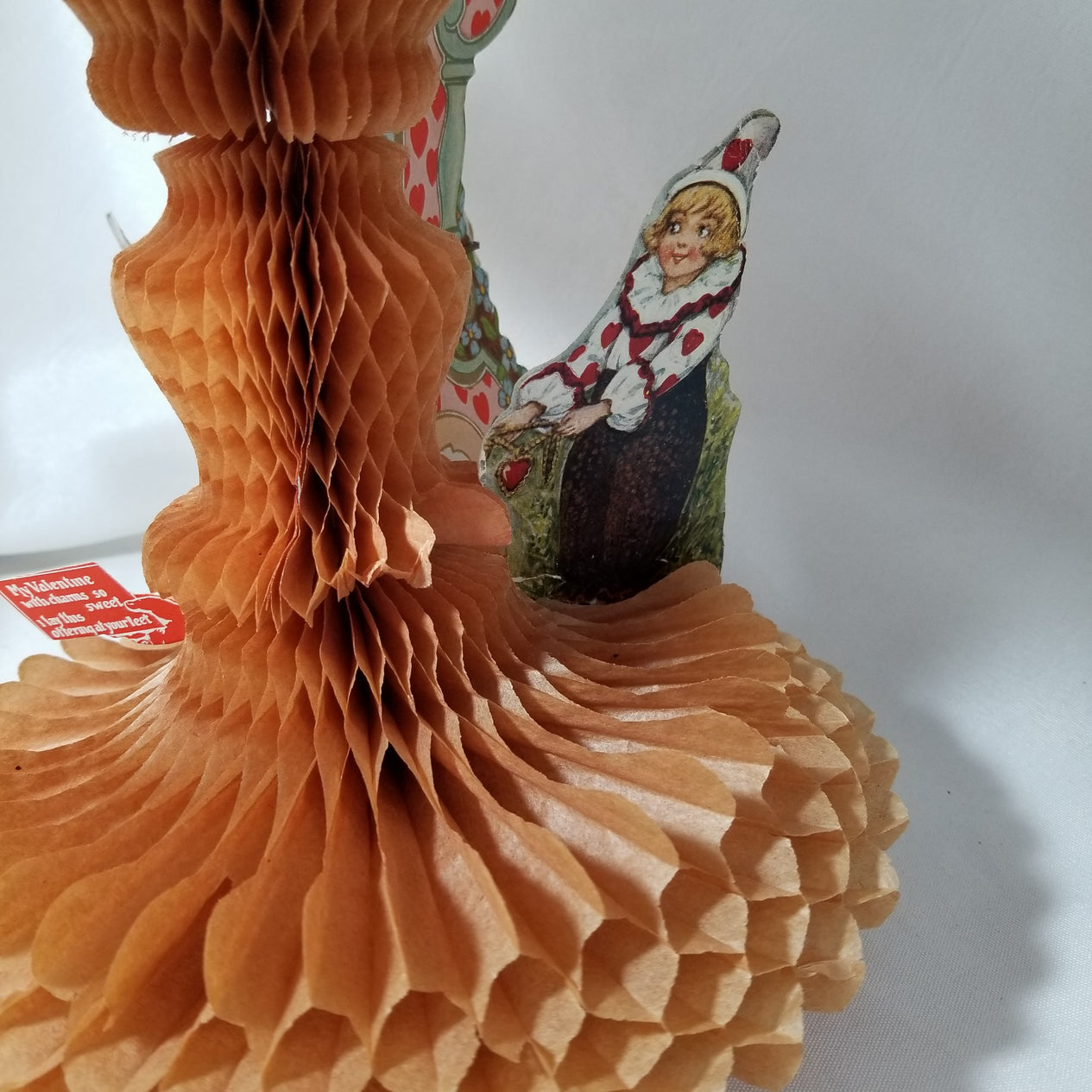 Vintage Antique Biestle Valentine Honeycomb Card Little Girl with Clown Pierrot
