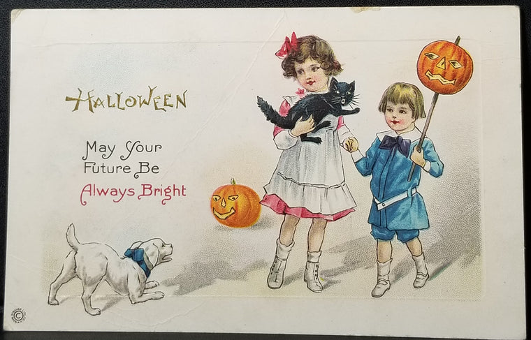 Halloween Postcard Children Holding Black Cat From Barking Dog Series 339E