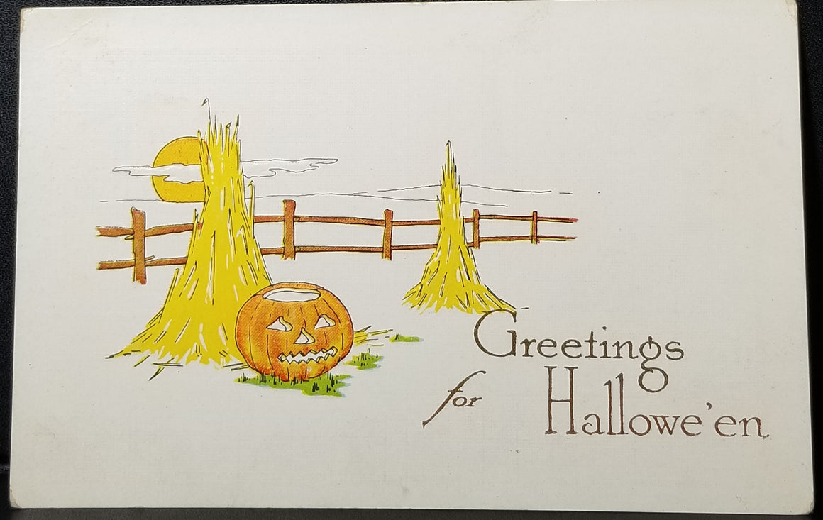 Halloween Postcard JOL Jack O' Lantern with Stacks of Hay Rising Moon Arts Craft Style