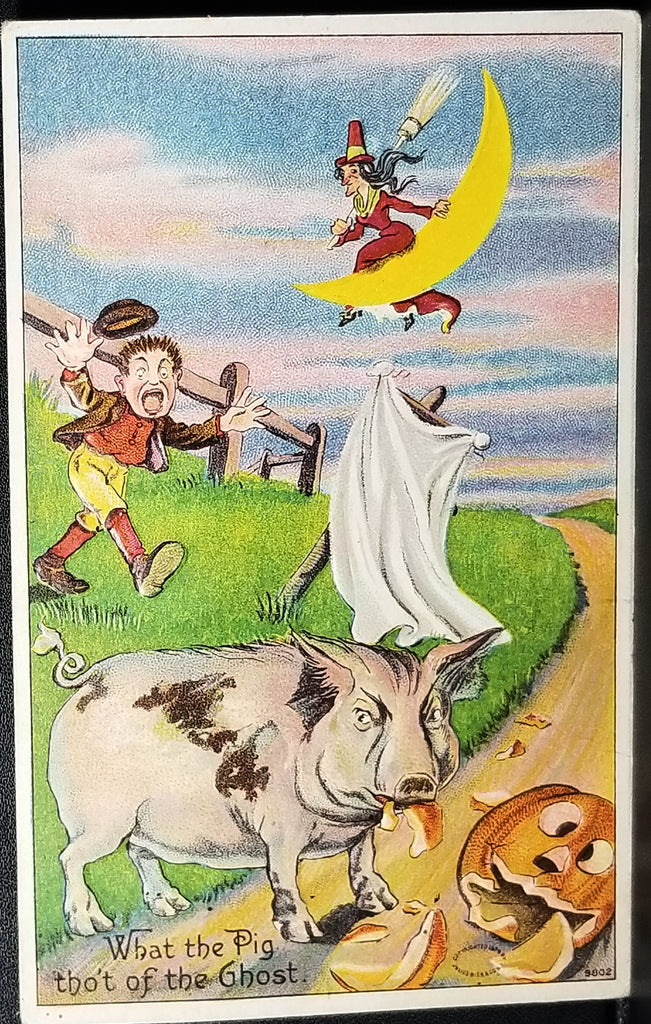 Halloween Postcard Julius Bien Lithograph Embossed Pig Eating JOL Ghost Scarecrow Moon Witch Humorous Farmer Series 980