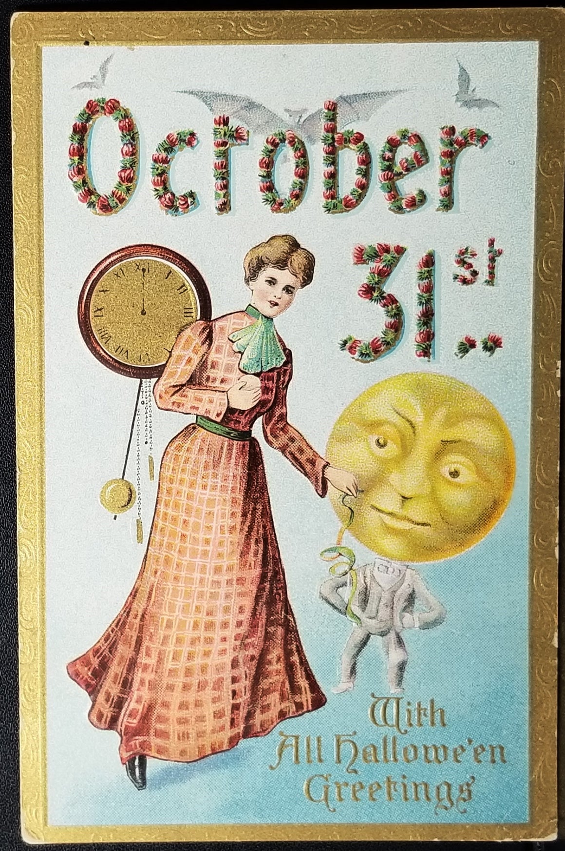 Halloween Postcard JOL or Moon Head Man Holding Woman's Hand Gold Border Gottschalk Series 2097