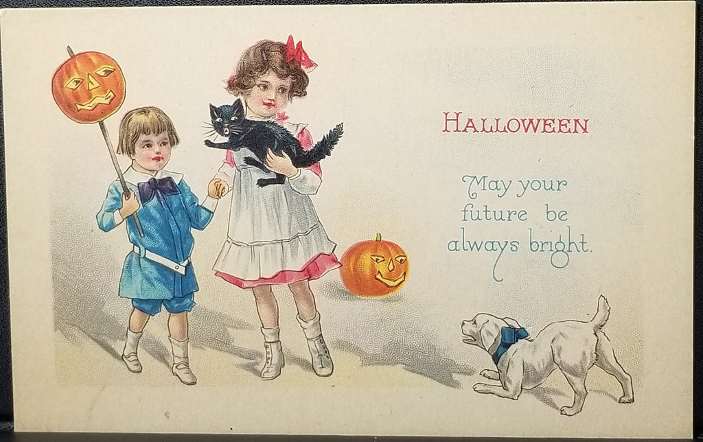 Halloween Postcard Children Holding Black Cat From Barking Dog JOL sticks in Hands Series 1290 C