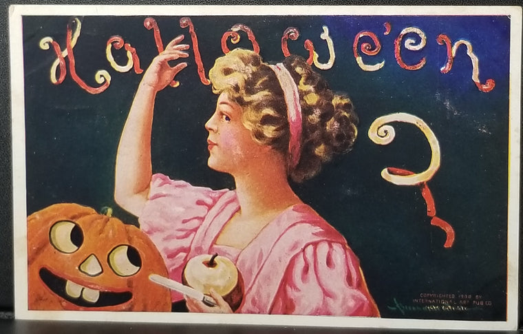 Halloween Postcard JOL Goblin Pumpkin Woman Throwing Apple Peels Bernhard Wall