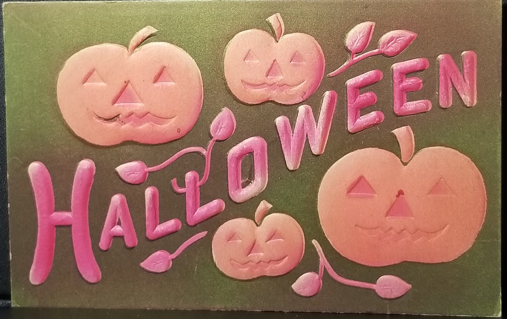 Halloween Postcard Embossed Carved JOL Pumpkins Air Brush Design with Gold Background