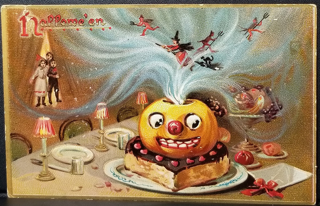 Halloween Postcard Witches and Devils Flying From JOL Pumpkin Cake as Children Look On Tuck Pub 150