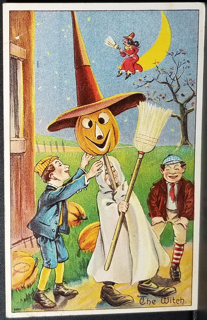 Halloween Postcard Julius Bien Embossed Boys Dressing as JOL Witch Ghost Humorous Series 980