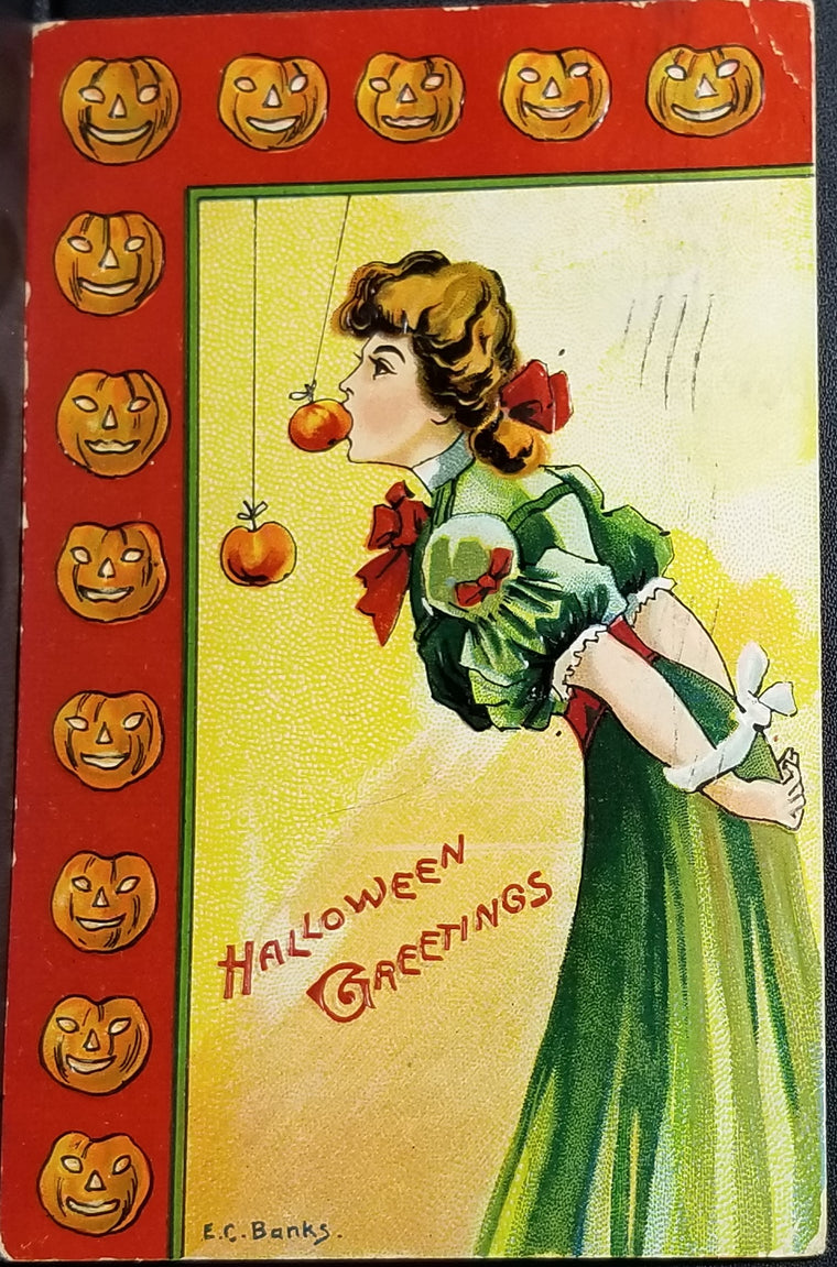 Halloween Postcard Woman Playing Apple Game HC Banks Embossed JOL Edges