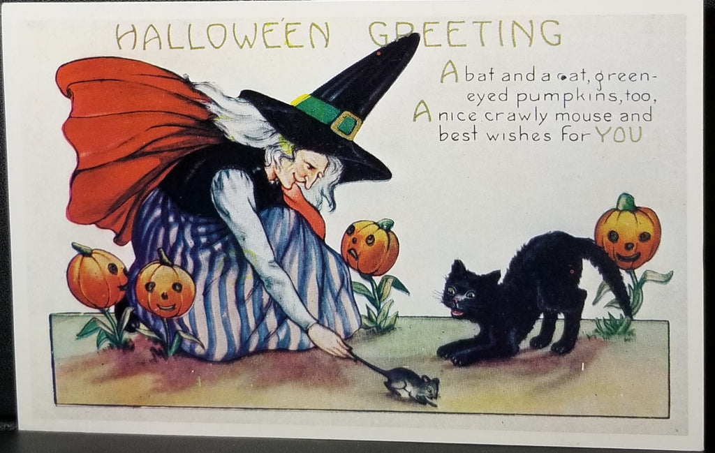 Halloween Postcard Witch Holding Tail of Mouse as Black Cat Approaches JOL Lanterns NM