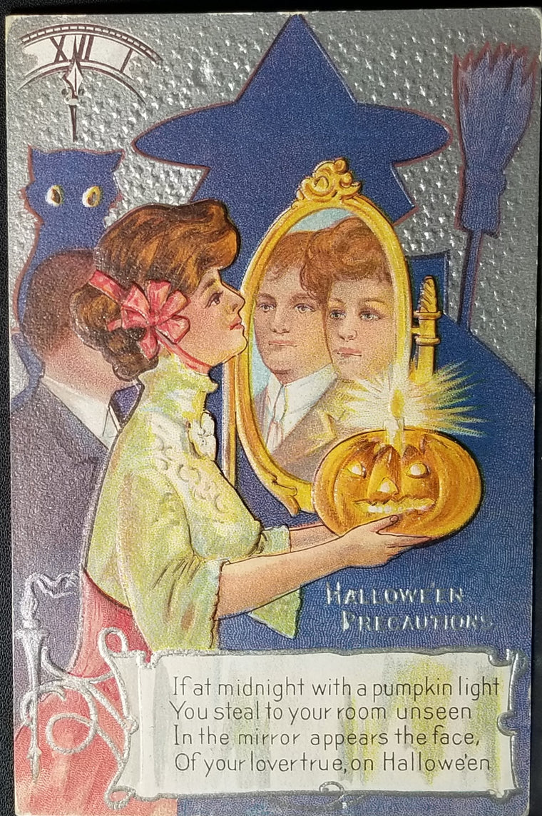 Halloween Postcard Series 2 Woman Holding JOL Lighted Pumpkin with Shadow of Witch & Cat Silver Textured Background