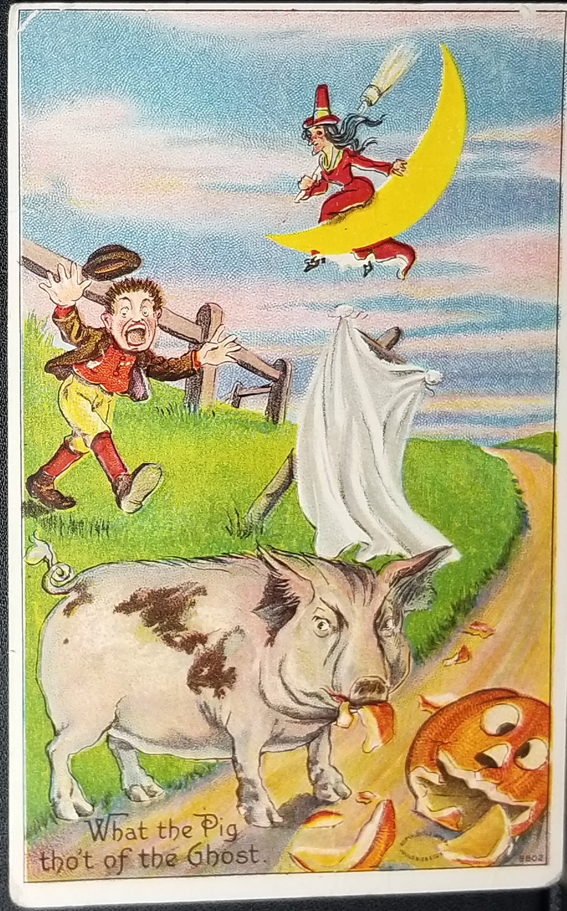 Halloween Postcard Julius Bien Embossed Pig Eating JOL Ghost Scarecrow Moon Witch Humorous Farmer Series 980