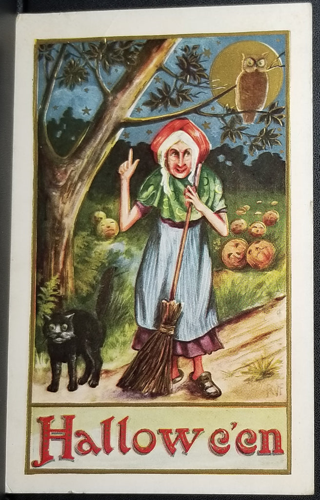 Halloween Postcard Witch with Black Cat on Path Owl Against a Gold Embossed Moon
