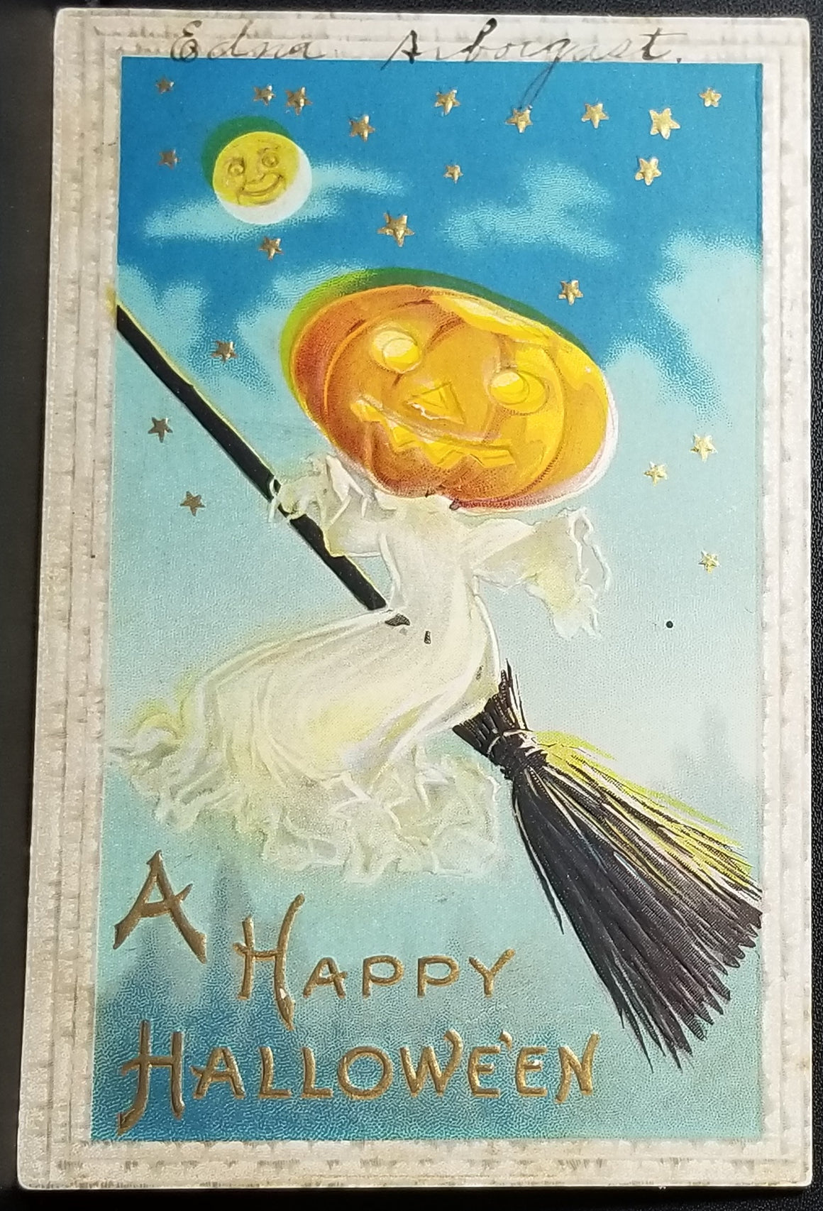 Halloween Postcard Embossed JOL Ghost on Broomstick in Star Filled Sky Series 34C Tree Bark Like Border