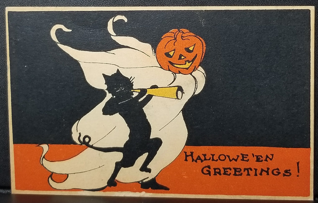 Halloween Postcard Gibson Publishing Black Cat Dancing with JOL Ghost White Gold Orange Black Color Scheme