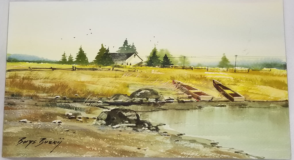 20th Century Watercolor Landscape Painting Listed Ohio Artist Borys Buzkij Homestead in Meadow Near Shore