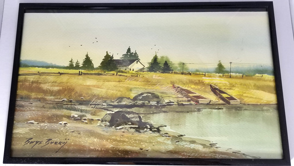20th Century Watercolor Landscape Painting Listed Ohio Artist Borys Buzkij Homestead in Meadow Near Shore