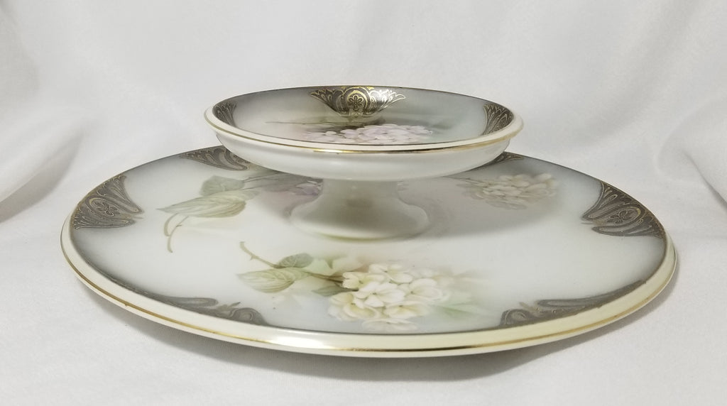 RS Prussia Porcelain art Nouveau Two Tier Serving Tray Snowball Blooms FD 55