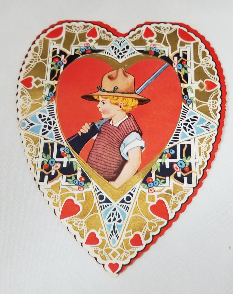 Vintage Antique Valentine Card Boy Holding His BB Gun Wearing Boy Scout Hat Whitney Made