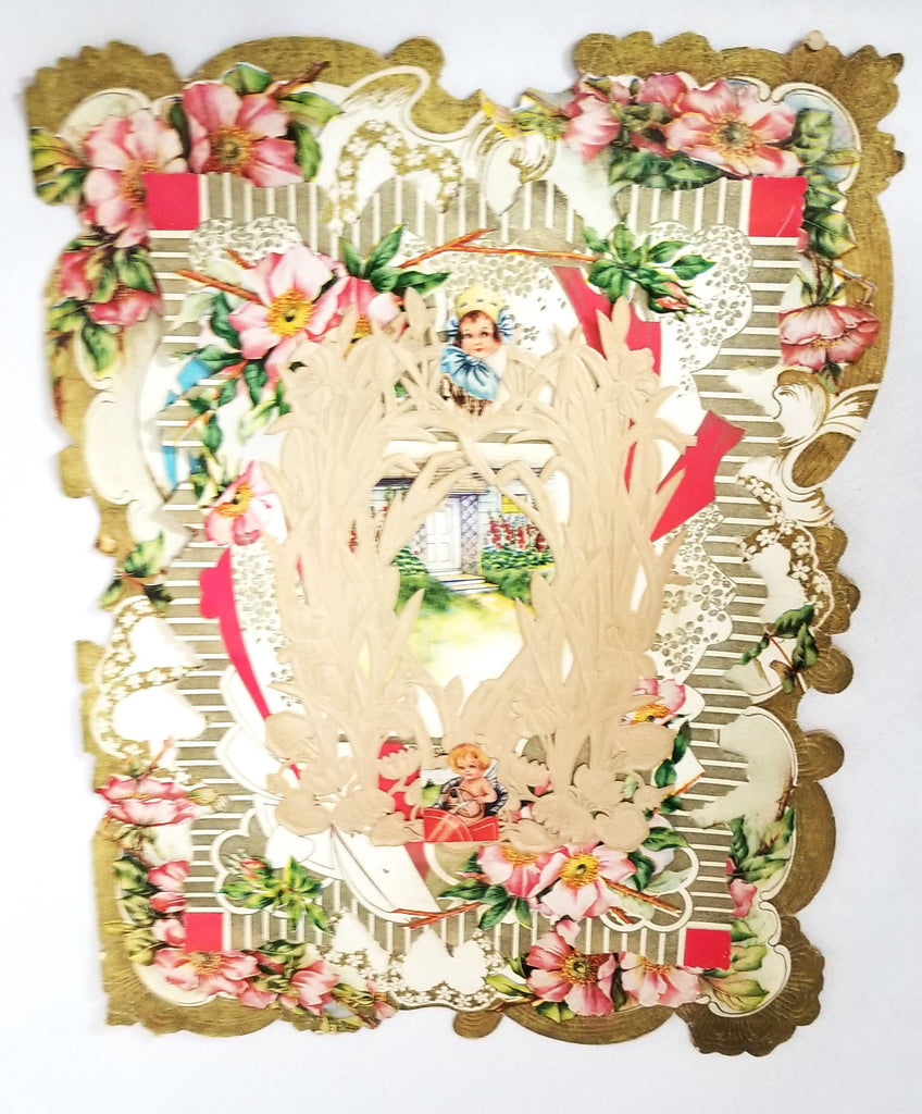 Large Vintage Antique Valentine Card Embossed with Overlapping Parched Paper Flowers & Child