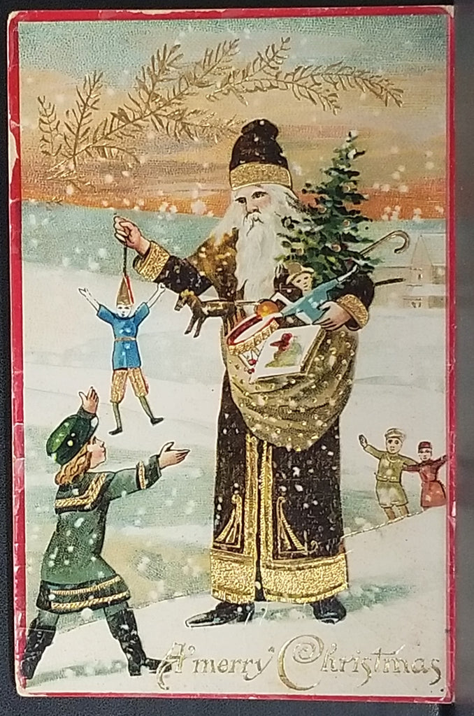 Santa Claus Christmas Postcard Gel Finish Printed in Saxony Old World St Nick Dark Brown or Maroon Robe