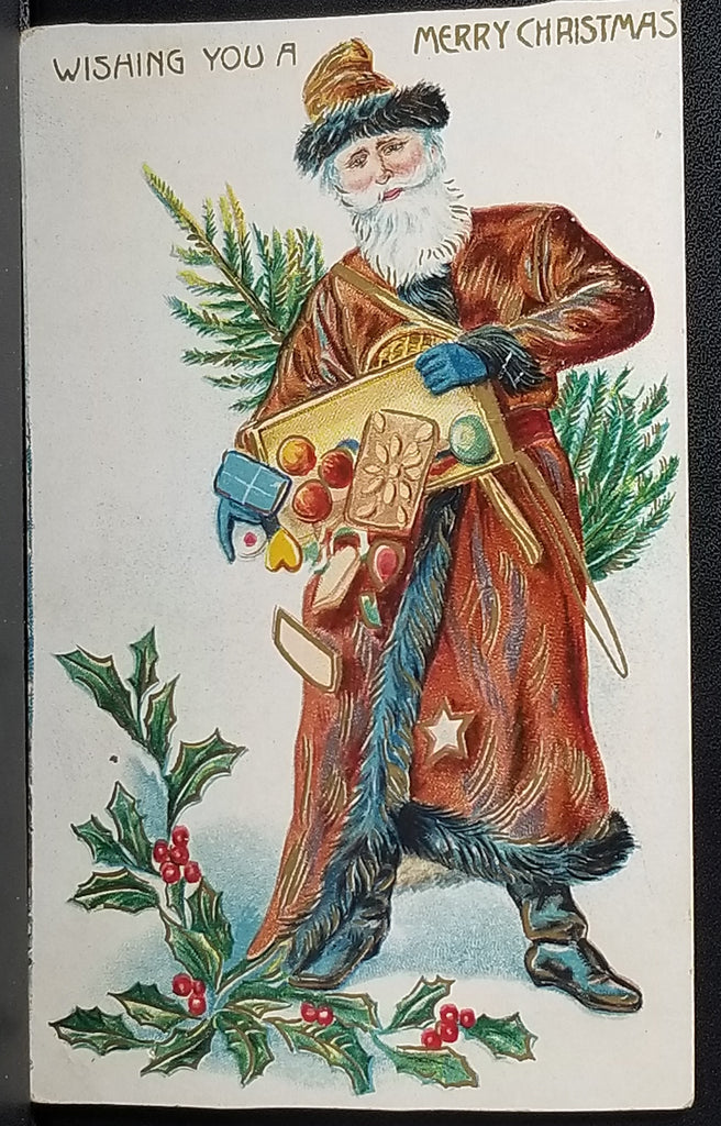 Santa Claus Christmas Postcard Old World St Nick in Brown Robe Carrying Box of Goodies and Tree