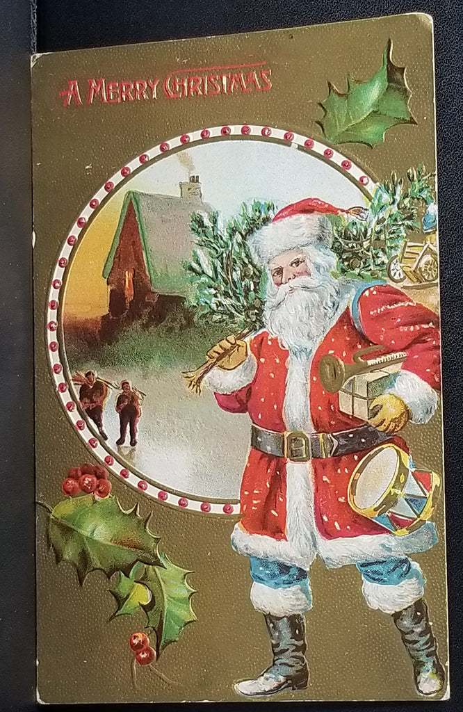 Santa Claus Christmas Postcard St Nick Carrying Bag and Tree with Gold Embossed Background Landscape of House