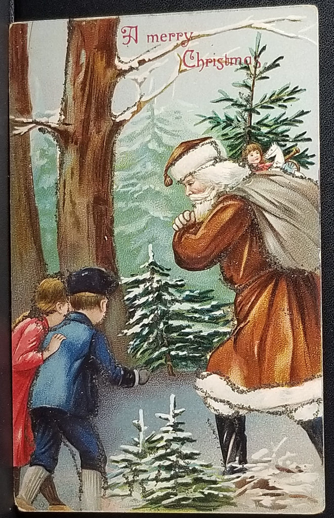 Santa Claus Christmas Postcard St Nick in Brown Gold Robe with Children in Pine Forest Embossed Glitter Applied