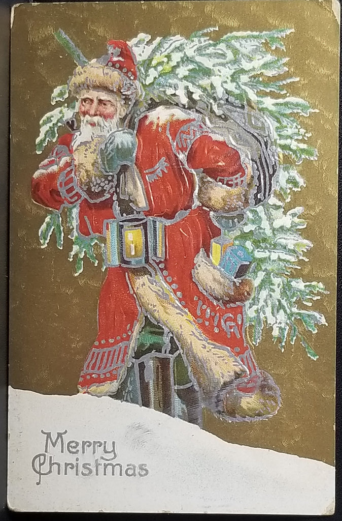 Santa Claus Christmas Postcard St Nick in Red Robe Carrying Bag Gold Textured Background Silver Trim