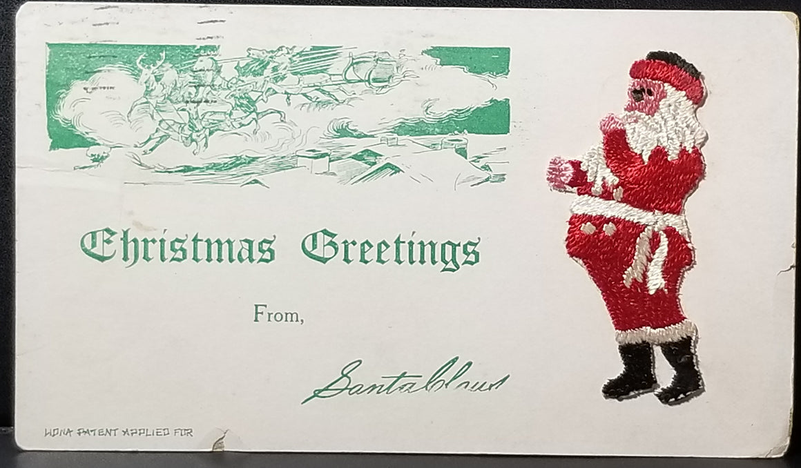 Christmas Postcard Embroidered Santa Claus Hand Stitched 1909 Card