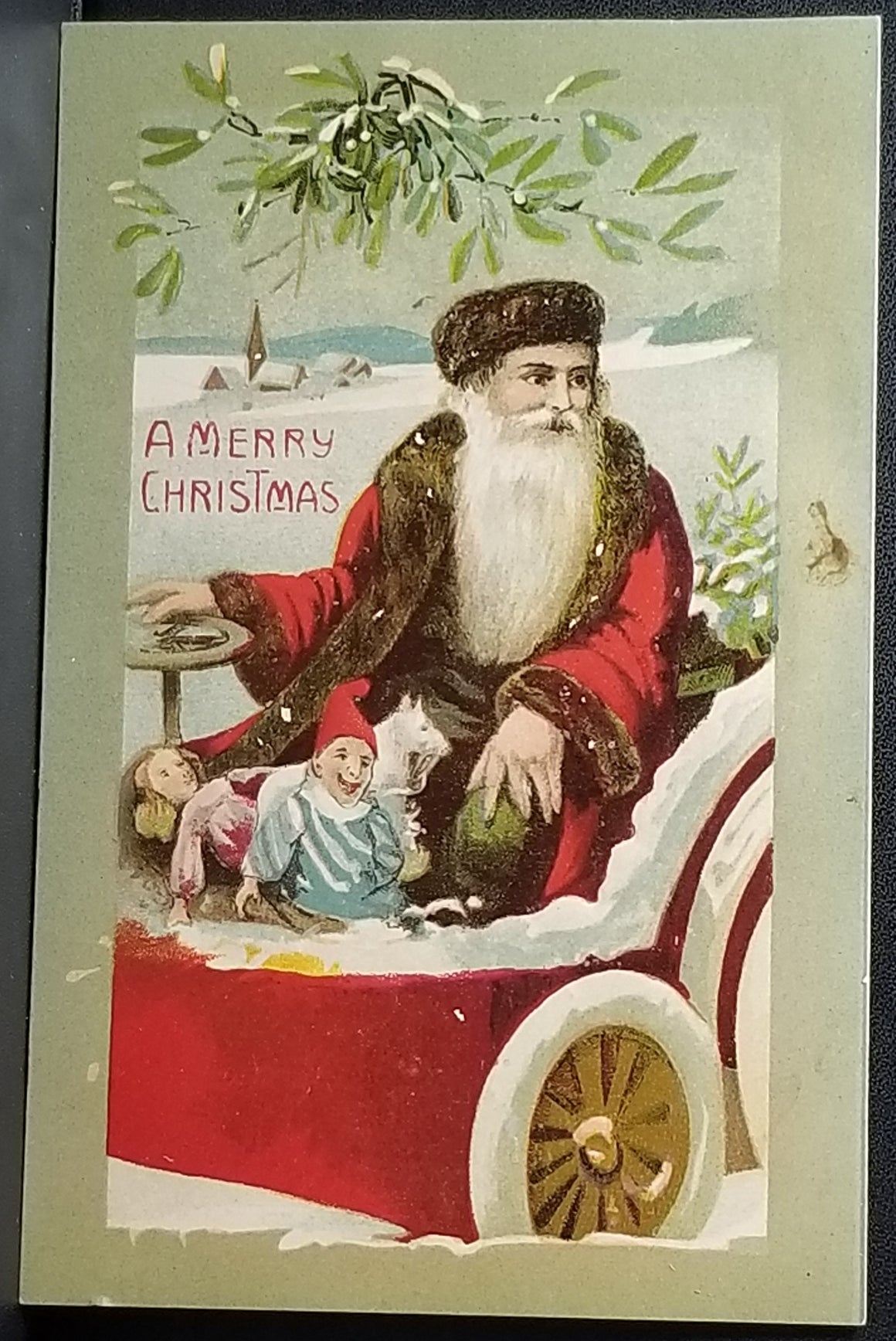 Christmas Postcard Santa Claus With Toys Driving Old Timey Car Series 641