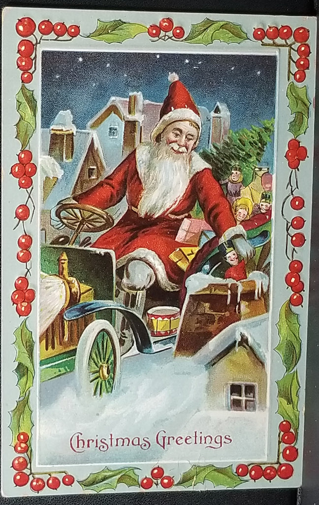 Christmas Postcard Giant Santa Claus Driving Car Dropping Toys Down Chimneys HTF Series 857