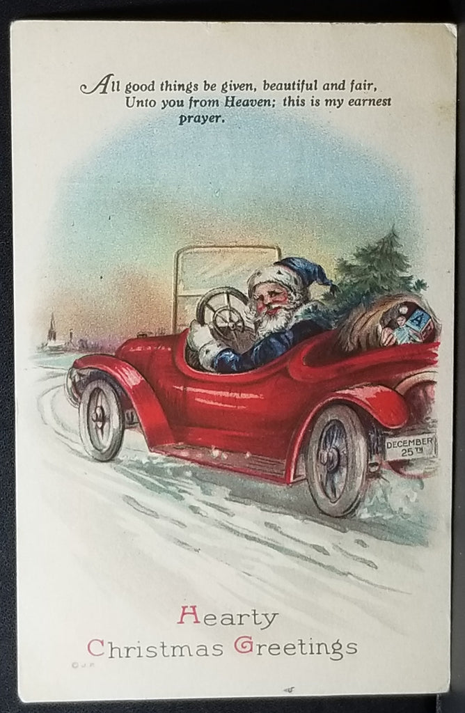 Christmas Postcard Santa Claus in Blue Robe Driving Car with Dec 25th License Plate