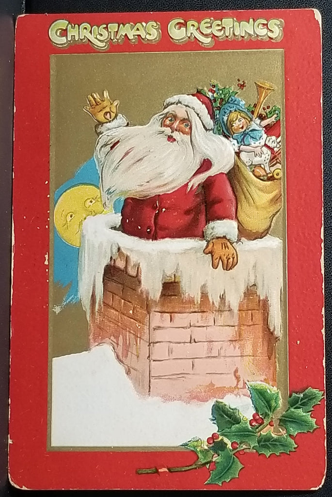 Christmas Postcard Cartoon Like Santa Claus with Gifts in Chimney Smiling Moon Tuck Publishing Series 501